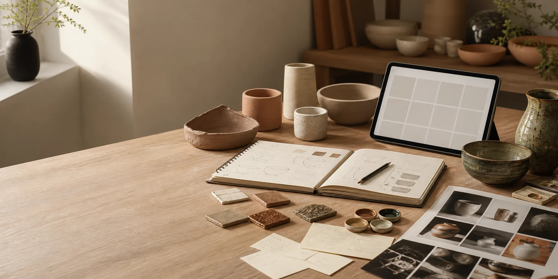 Warm ceramic studio worktable with pottery, sketches, glaze tests, photos, and an archive grid.