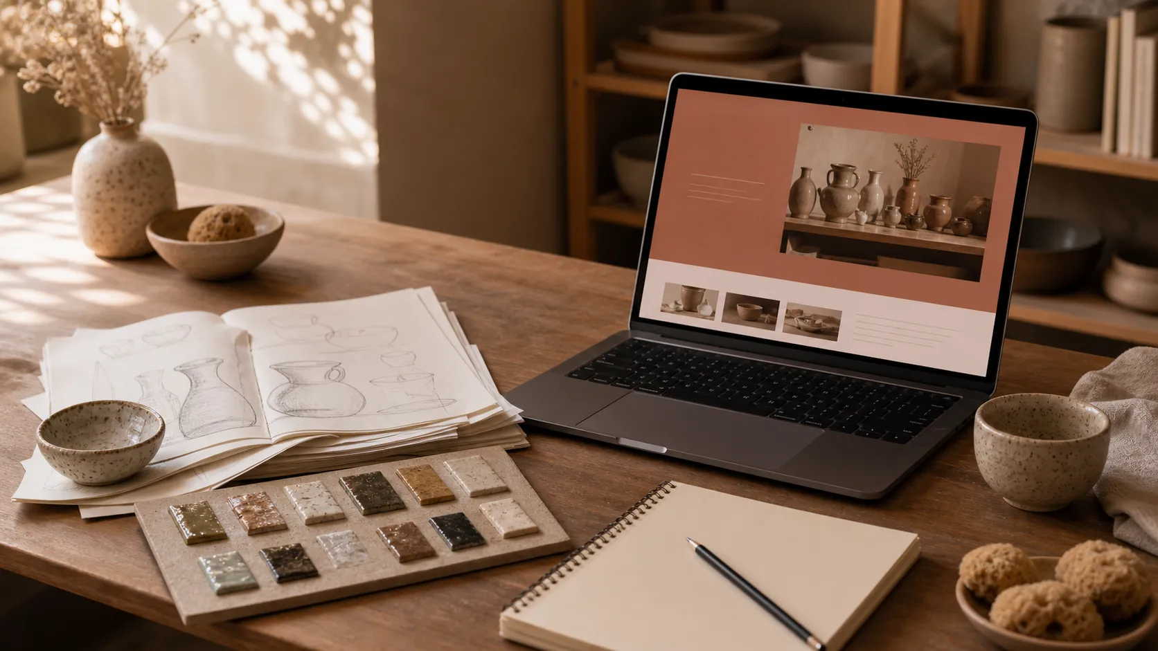 Warm ceramic studio desk with pottery sketches, glaze test tiles, a finished cup, and a laptop showing a membership dashboard.
